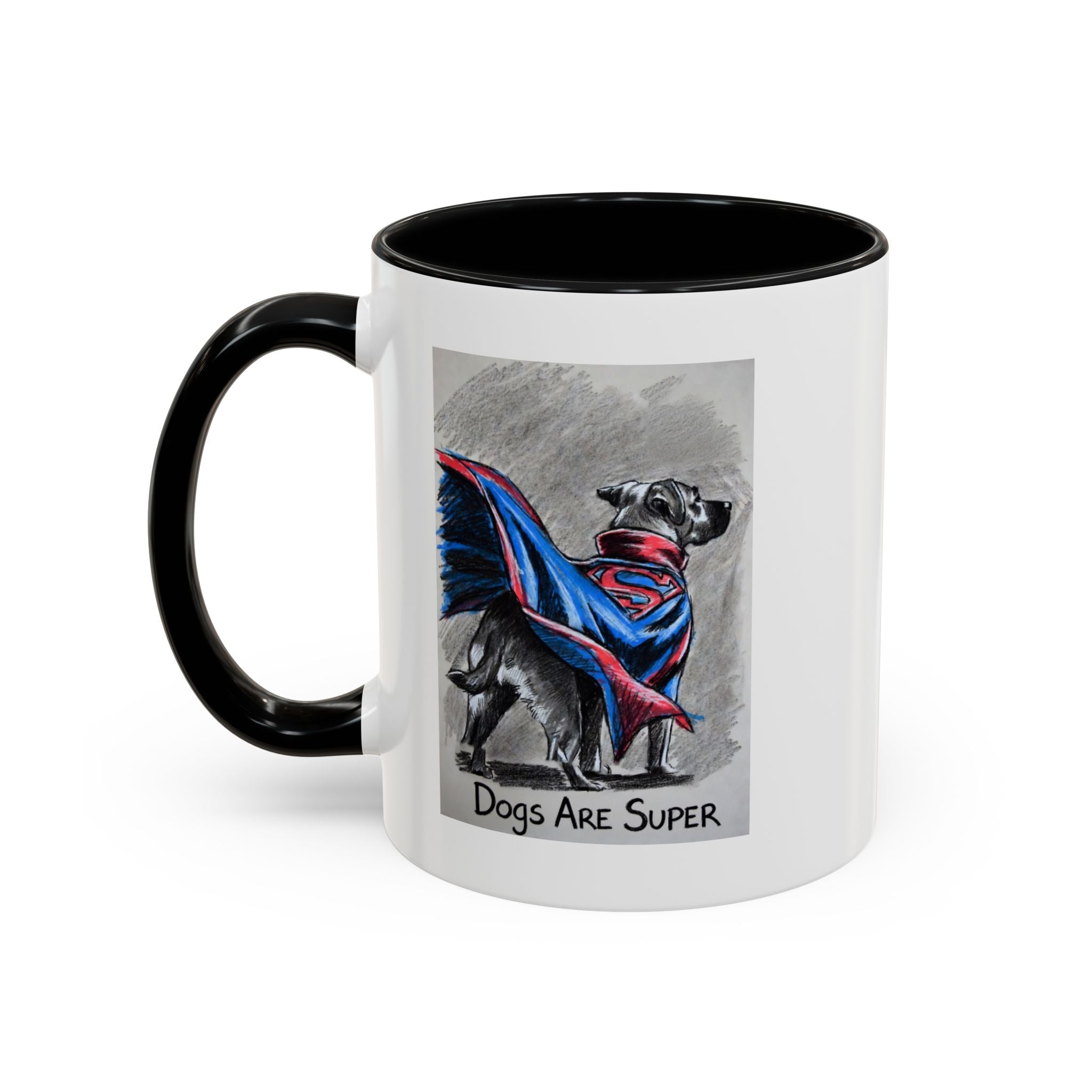 Black Accent Coffee Mug –“Dogs Are Super”  Minimal Monochrome Ceramic Mug (11/15oz)