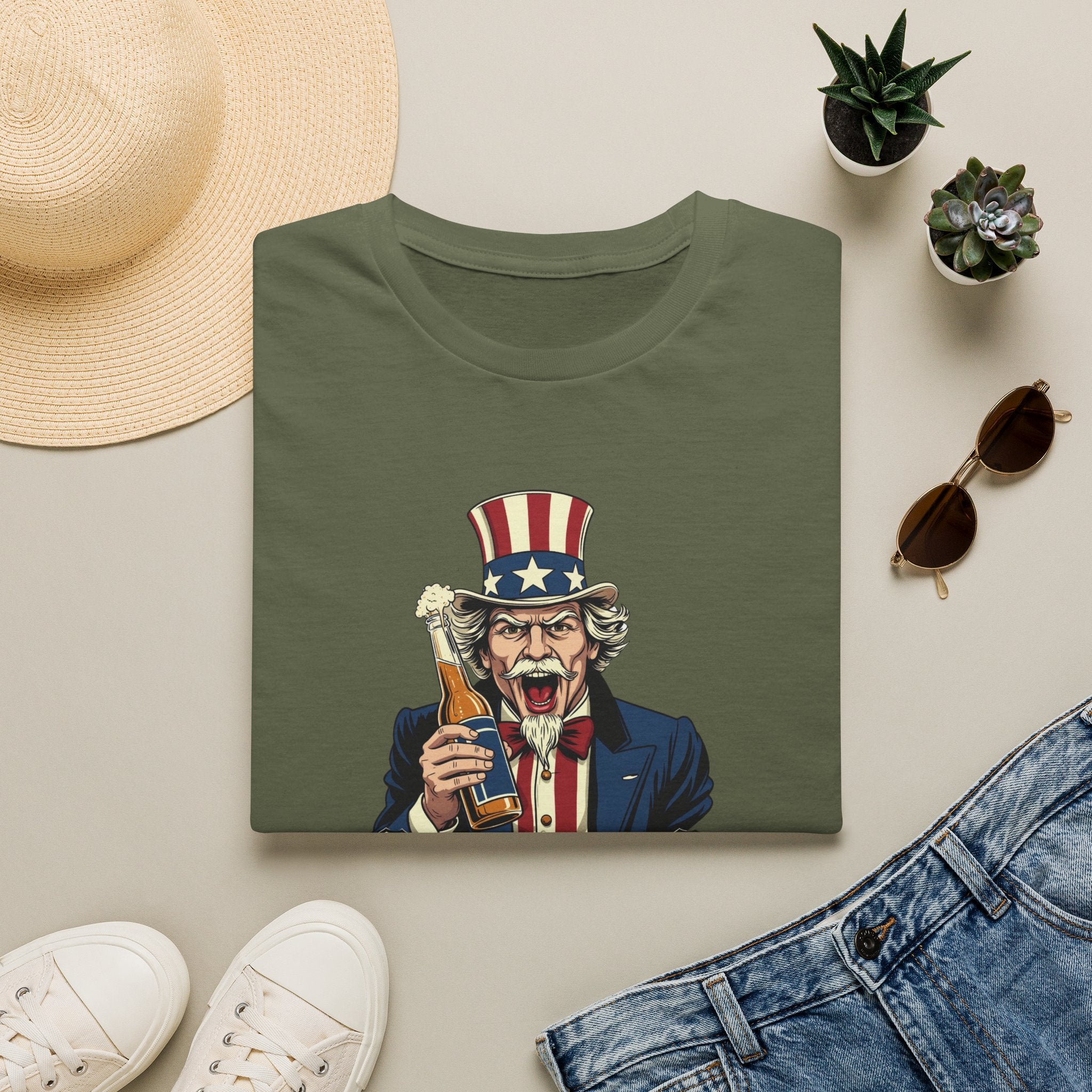 Uncle Sam Beer Graphic T-Shirt — Patriotic "America 250" Party Tee