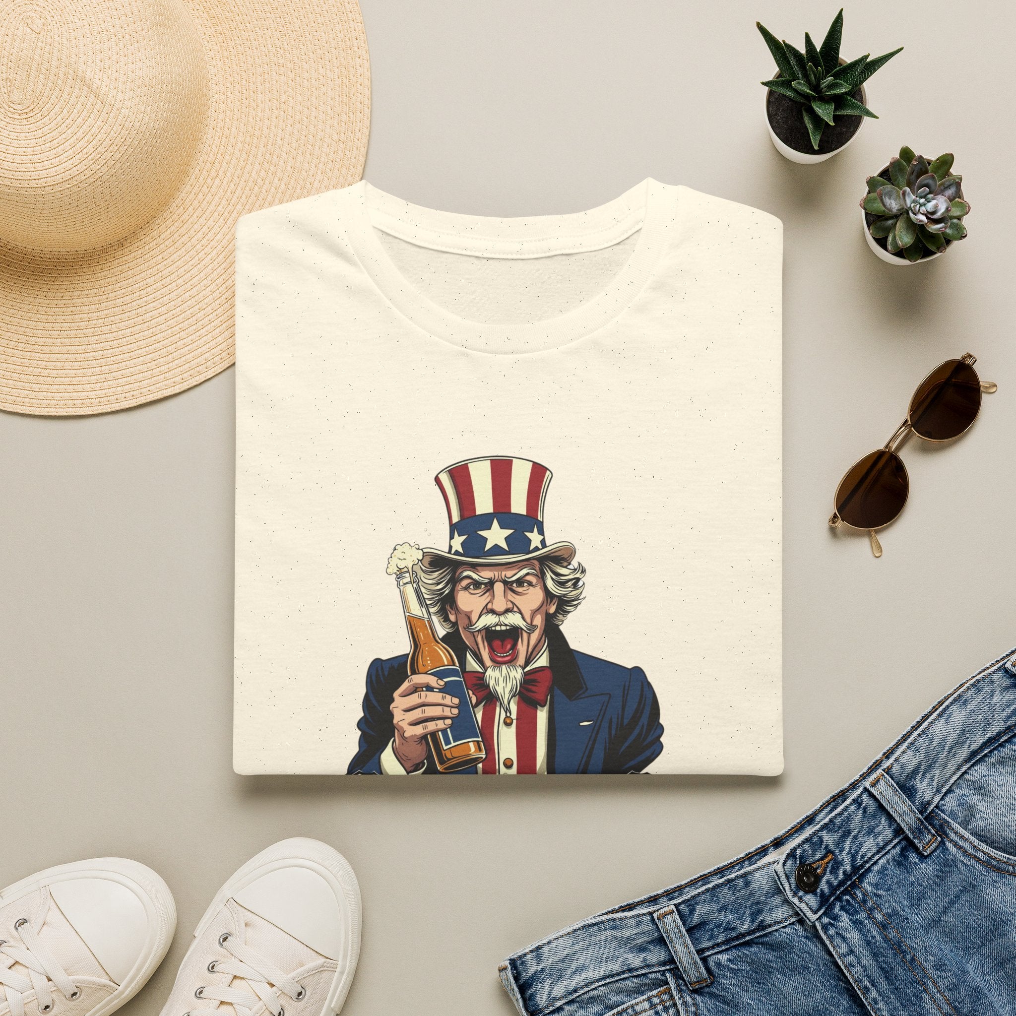 Uncle Sam Beer Graphic T-Shirt — Patriotic "America 250" Party Tee