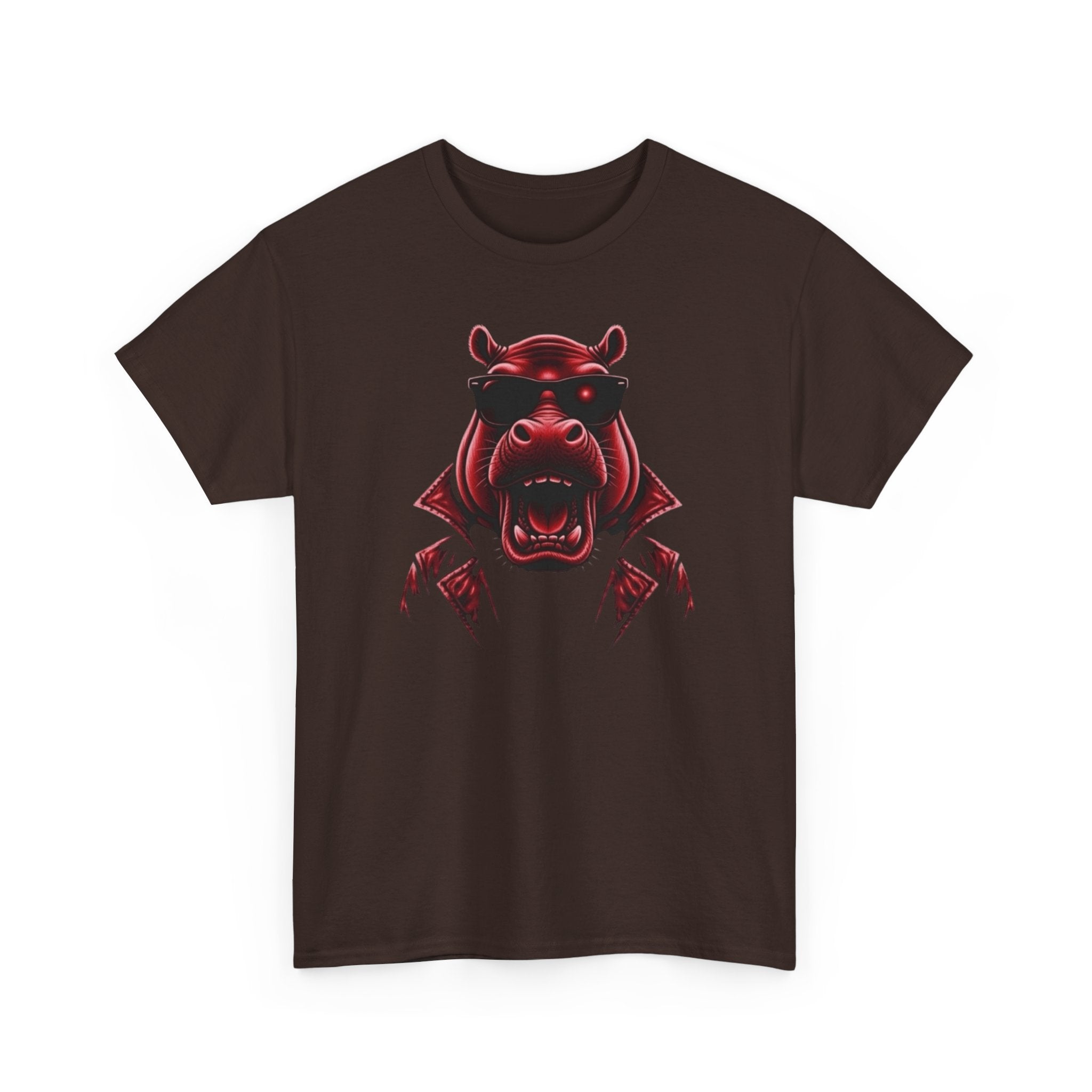 Hippo Biker Graphic Tee — Red Neon Hipster Hippo T‑Shirt