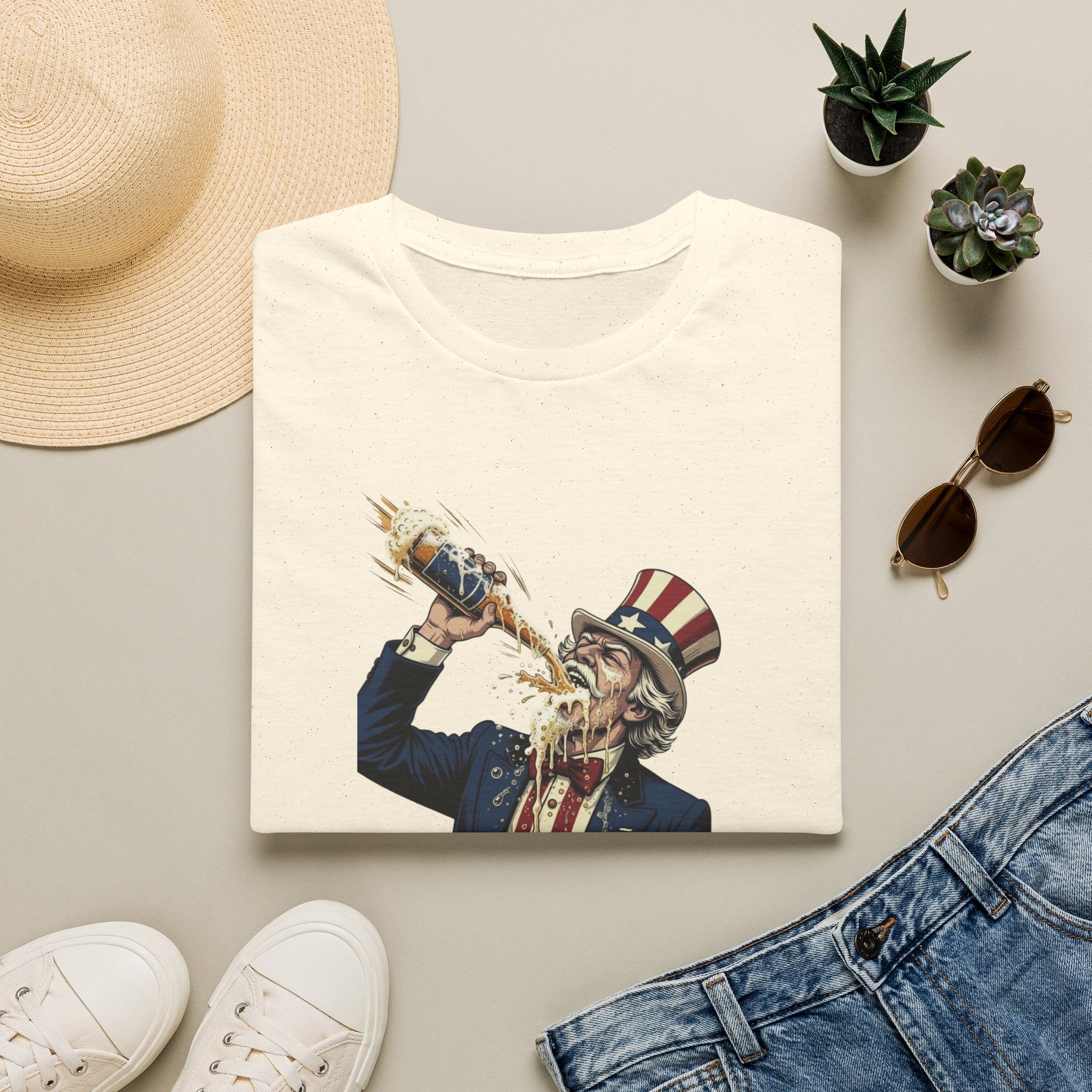 T-Shirt — Patriotic Uncle Sam Beer Chug Graphic (America 250)