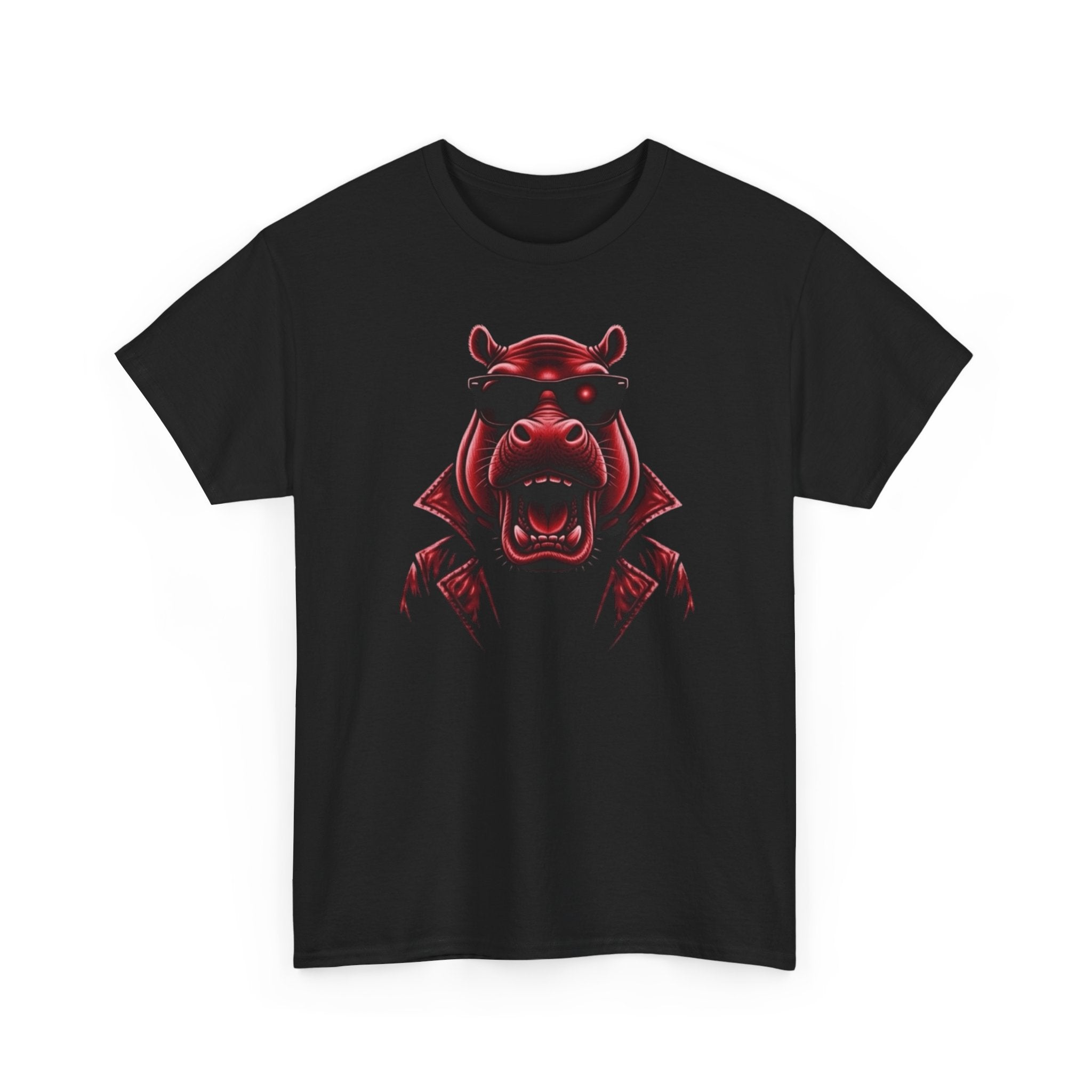 Hippo Biker Graphic Tee — Red Neon Hipster Hippo T‑Shirt