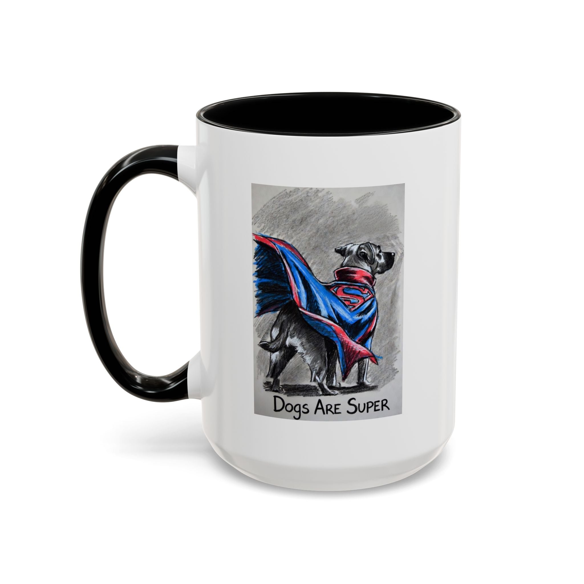 Black Accent Coffee Mug –“Dogs Are Super”  Minimal Monochrome Ceramic Mug (11/15oz)